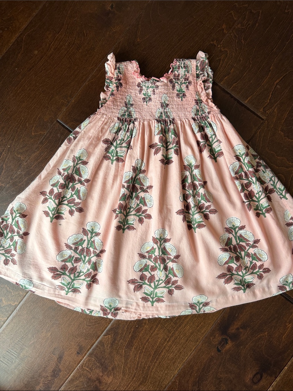PINK CHICKEN: Pink Floral Smocked Sundress with Green Accents